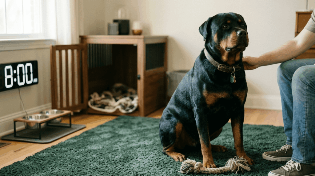 Consistent routine and care reducing anxiety in rottweiler dogs.