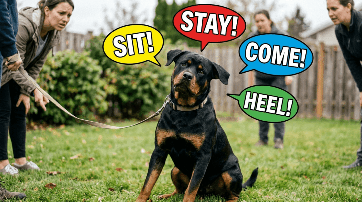 Confused rottweiler trying to understand inconsistent training commands.