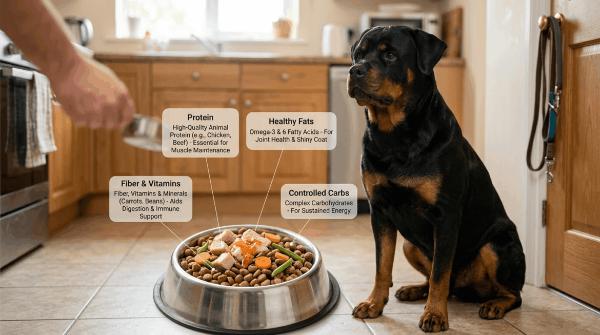 Balanced nutrition and healthy diet plan for rottweiler dogs.