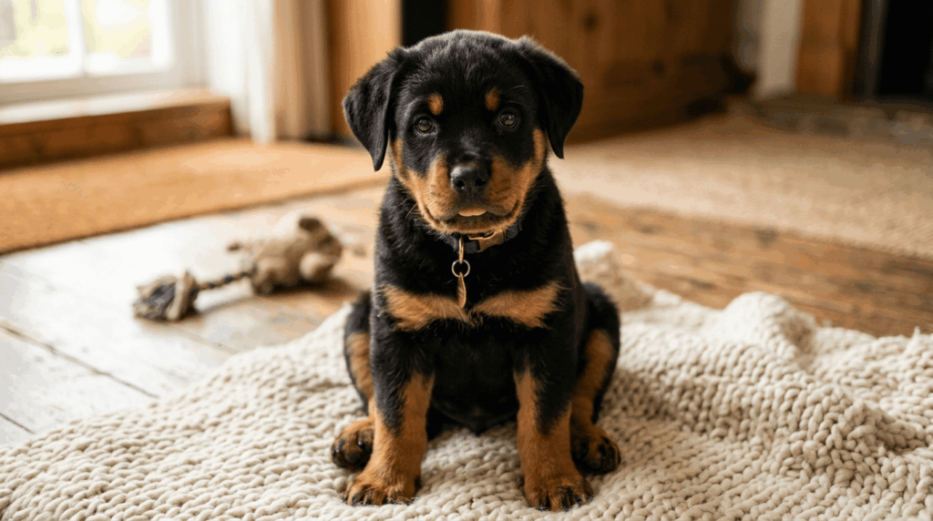 Adorable rottweiler puppy with distinctive black and tan markings.