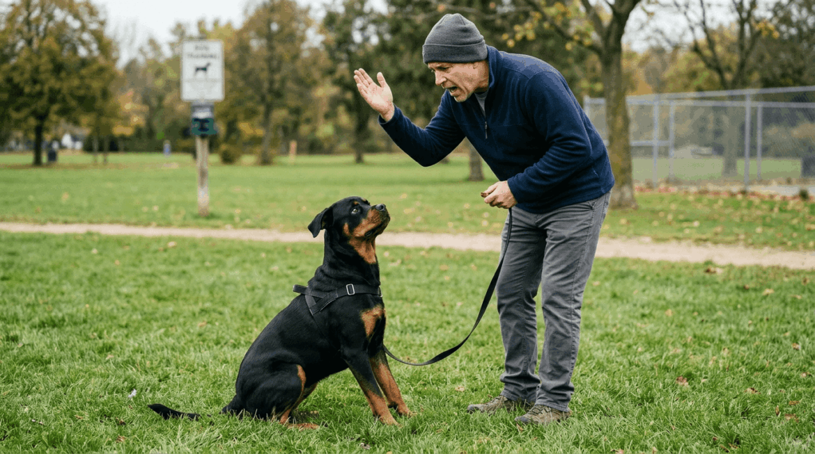 Rottweiler command mistakes showing incorrect training methods and confused dog behavior