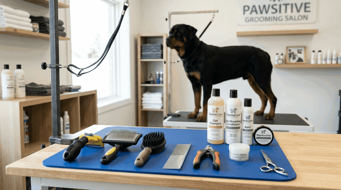 Rottweiler grooming tools including brushes, de-shedding tools, and nail clippers