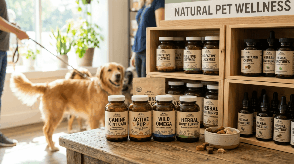 Natural joint supplements including glucosamine, chondroitin, and turmeric for dog joint health