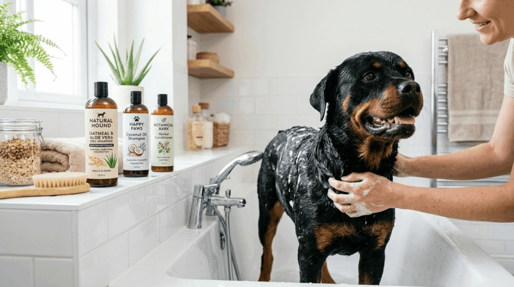 Safe shampoo ingredients for rottweiler including oatmeal, aloe vera, and natural products
