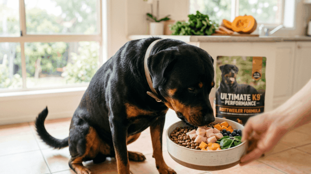 Rottweiler nutrition behavior showing connection between healthy diet and good behavior